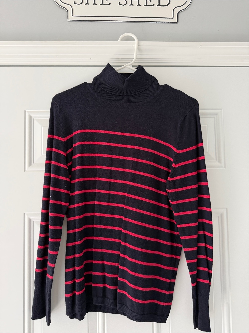 Men's Navy Turtleneck Sweater with Pink Stripes